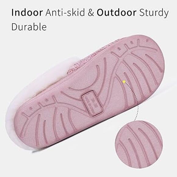 New Evshine Womens Size 10 Pink Knit White Faux Fur Slide On Warm House Slippers - Picture 4 of 6